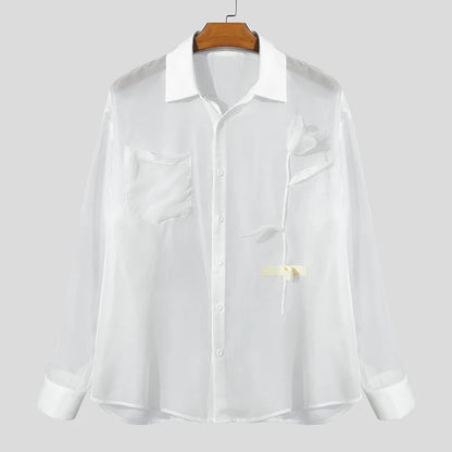 INCERUN Men Shirt Mesh Patchwork Transparent Lapel Long Sleeve Men Clothing Oversize Sexy 2025 Streetwear Unisex Shirts S-5XL