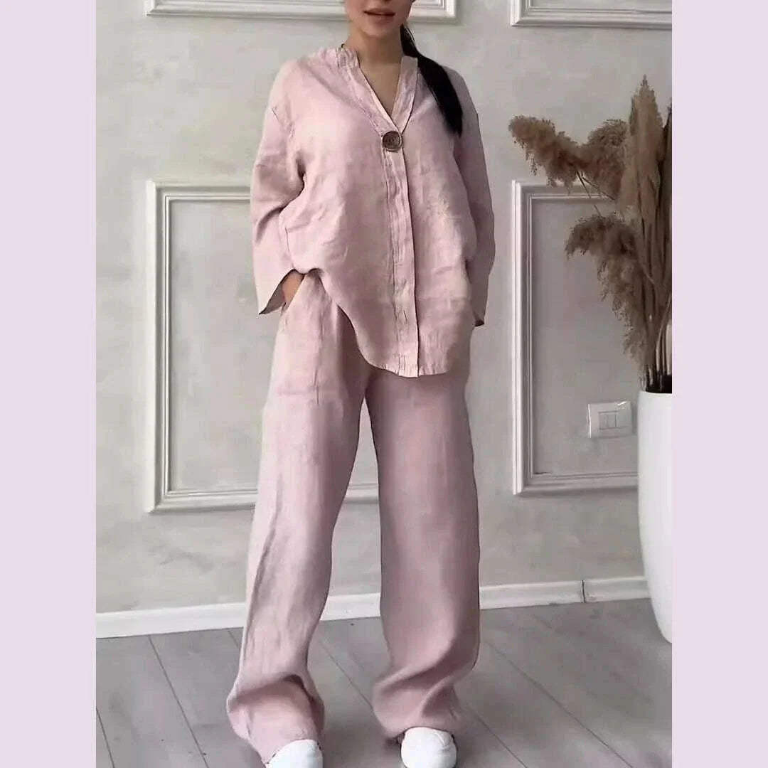 Casual Solid Color Pullover Long Pants 2-piece Set Women's Cotton and Linen Pants Suit White Pink