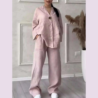 Casual Solid Color Pullover Long Pants 2-piece Set Women's Cotton and Linen Pants Suit White Pink