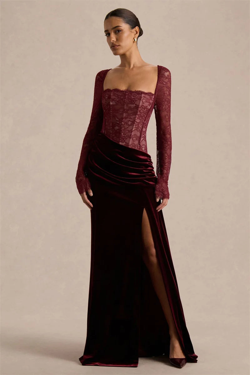 Mozision Lace Velvet Square-Neck Sexy Maxi Dress Women Elegant See Through Long Sleeve Backless Split Club Party Long...