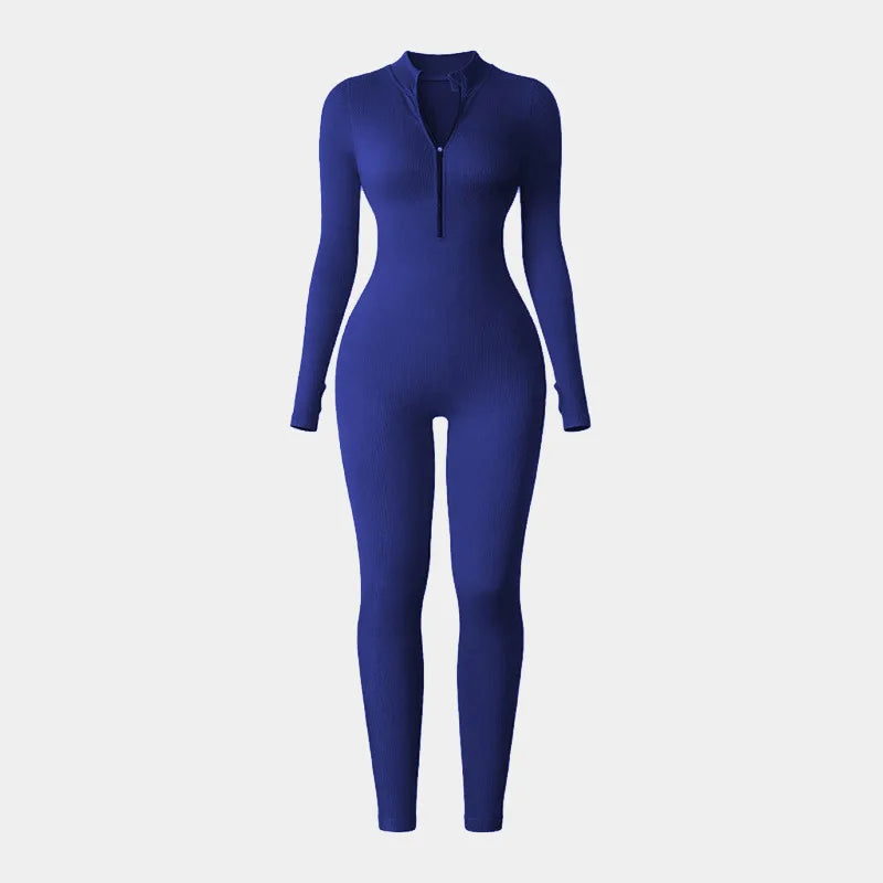 Half Zip Jumpsuit Women Gym Bodysuit Long Sleeve Activewear Set Running Workout Romper Fitness Overalls Sportswear Yoga Clothes
