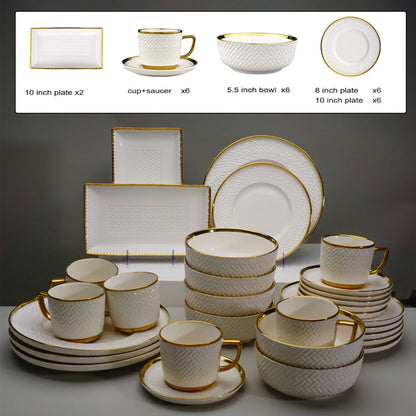 32pcs/set under glazed ceramic dinner set plate bowl cup saucer set with gold trim for 6 people | Kimlud Luxury Rug