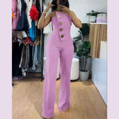Women's Elegant Sexy Button Sleeveless Strapless Irregular Jumpsuits 2025 Wide Leg Outfits Night Club Streetwear One Piece