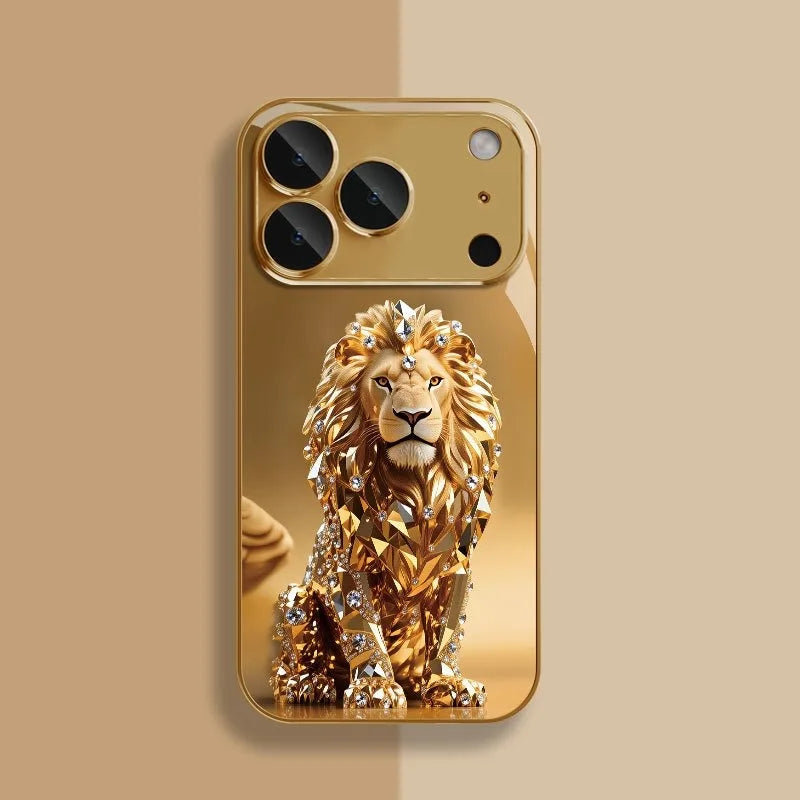 Crystal Gold Lion Pattern Gold Metallic Paint Glass Phone Case For iPhone 17 11 12 13 14 15 16 Pro Max 15 Plus 17Air 16E Cover