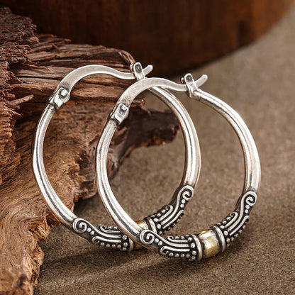 925 Sterling Silver Punk Vintage Two Tone Hoop Earrings for Women Bohemia Style Female Circle Earrings Flower Jewelry