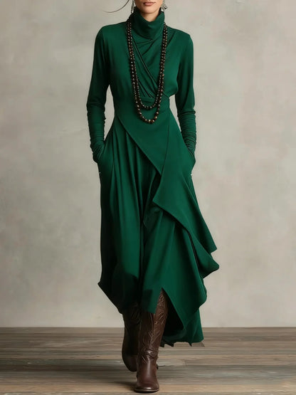 Vintage Irregular Cross Dress for Women Long Sleeve Solid Turtleneck Simple Fashion Casual Spring Holiday Long Dresses - Kimlud