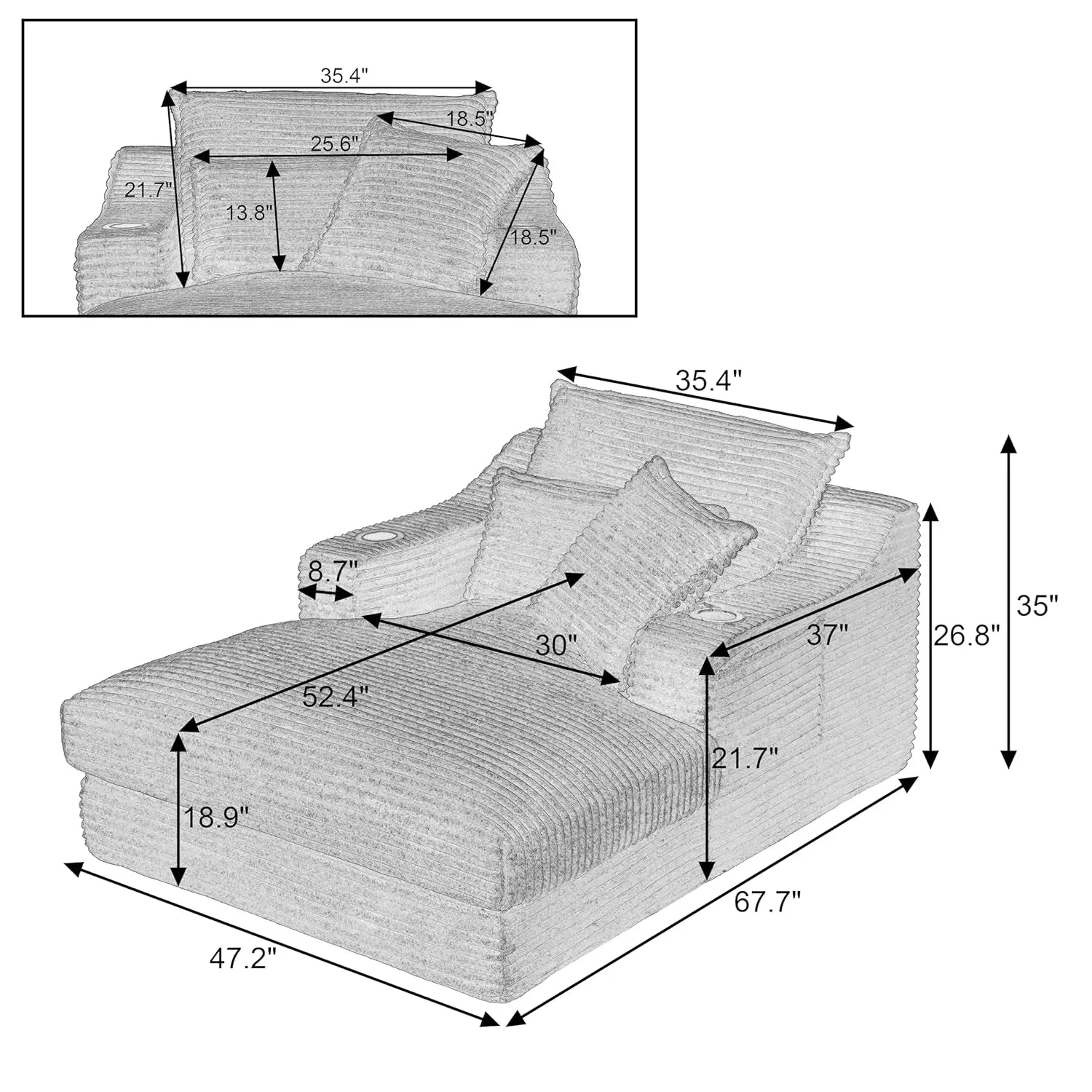 67" Oversize Chaise Lounge Deep Seat 2 Cup Holders Storage Pockets Living Room Bedroom Office Brown Customized - Kimlud