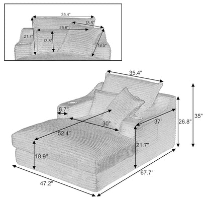 67" Oversize Chaise Lounge Deep Seat 2 Cup Holders Storage Pockets Living Room Bedroom Office Brown Customized - Kimlud