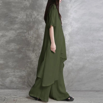 Women's Cotton Linen 2-piece Sets Large Size Casual Wear Sportswear Suit Short-Sleeved O-Neck Top Wide Leg Pants Suits For Women - Kimlud