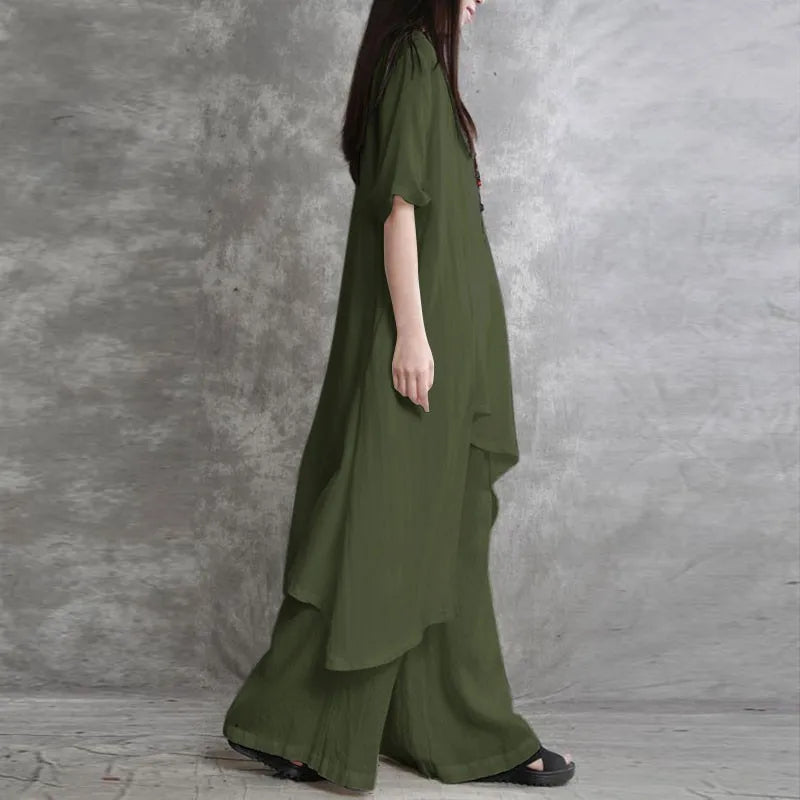 Women's Cotton Linen 2-piece Sets Large Size Casual Wear Sportswear Suit Short-Sleeved O-Neck Top Wide Leg Pants Suits For Women - Kimlud