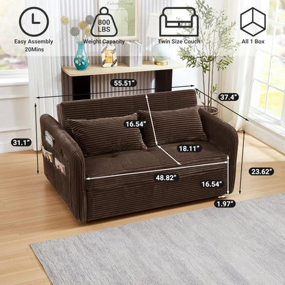 55.5" Corduroy Convertible Sofa Bed, Pull Out Sleeper with USB Ports, 3-in-1 Loveseat for Living Room, Apartment - Kimlud