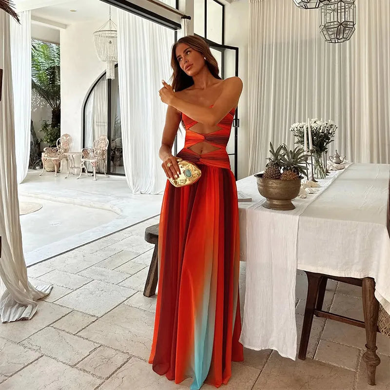 Tie-dye Gradient Hollow Out Women's Maxi Dress Elegant Off Shoulder A-line Hem Long Dresses New Summer 2025 Holiday Female Robes - Kimlud