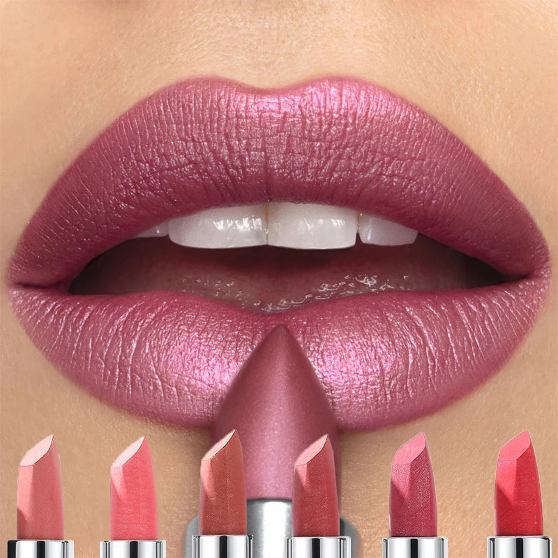 Nude Pink Pearlescent Glitter Matte Lipstick Metallic Waterproof Long Lasting Rose Pink Shimmer Diamond Lipstick Makeup Cosmetic - Kimlud