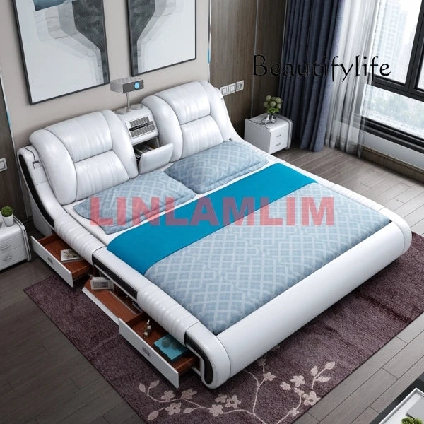 BJ Genuine Leather Bed Multifunctional Beds Ultimate Massage Camas With Bluetooth,Speaker,Safe,Air Cleaner, Projector,Drawers