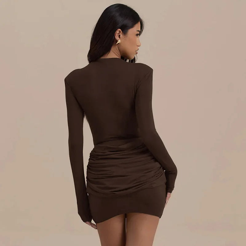 Solid Color Gathered Hip Cover Long Sleeve Dress Women's Spring Summer New Casual Round Neck Dresses For Women Ropa...