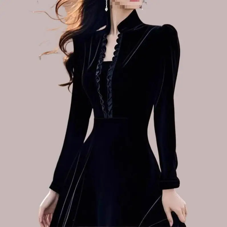 Elegant Black Velvet Dress Formal Occasion Heir to a Rich Family Luxury Feel Hepburn Style Stand Collar Long Sleeve Midi...