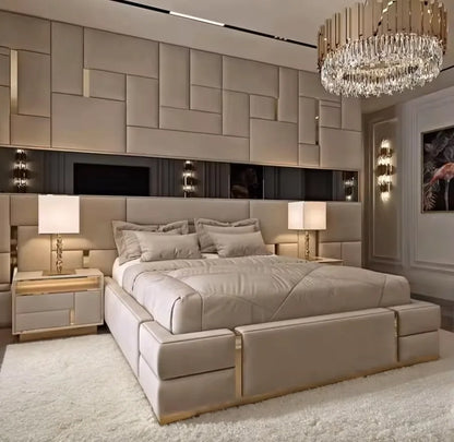 Italian Latest Luxury Bedroom Furniture Set High End Home Leather Double Bed Big Tall Headboard Modern King Size Bed - Kimlud