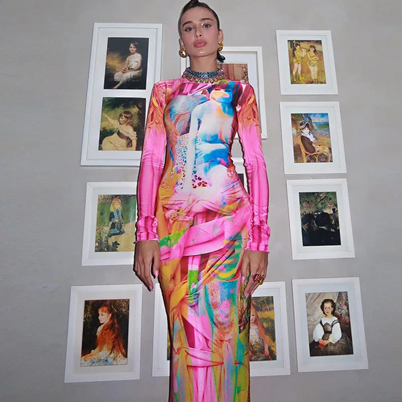 Punk Graffiti Print Bodycon Long Dress Women 2025 Autumn Stand Collar Long Sleeve Slim Fit Fish Tail Dress Party Club...