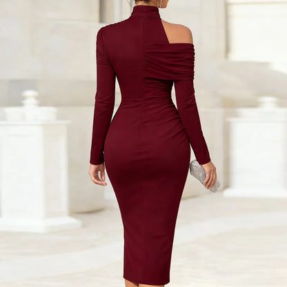 OL Style Elegant High Neck Ruched Party Dress Woman Sexy Off Shoulder Hollow Slit Midi Dress Spring Long Sleeve Solid Boho Dress - Kimlud