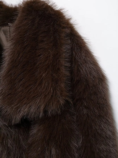 Deep Brown Fur Coat Women Fall Winter Warm Casual Coat Lapel Faux Fur Loose Coat 2025 Fashion High Street Elegant Female Coat