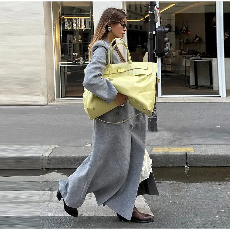 Women's Long Grey Woollen Coat O-neck Full Sleeve Asymmetric Button Design Elegant Silhouette Warm Outerwear 2025 Autumn Coat