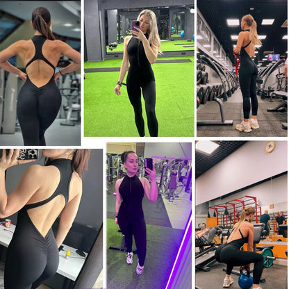 Backless Scrunch Sporty Jumpsuit Gym Tracksuit Women's Fitness Overalls Sexy Hollow One-Piece Sport Suit Zipper Workout Jumpsuit - Kimlud