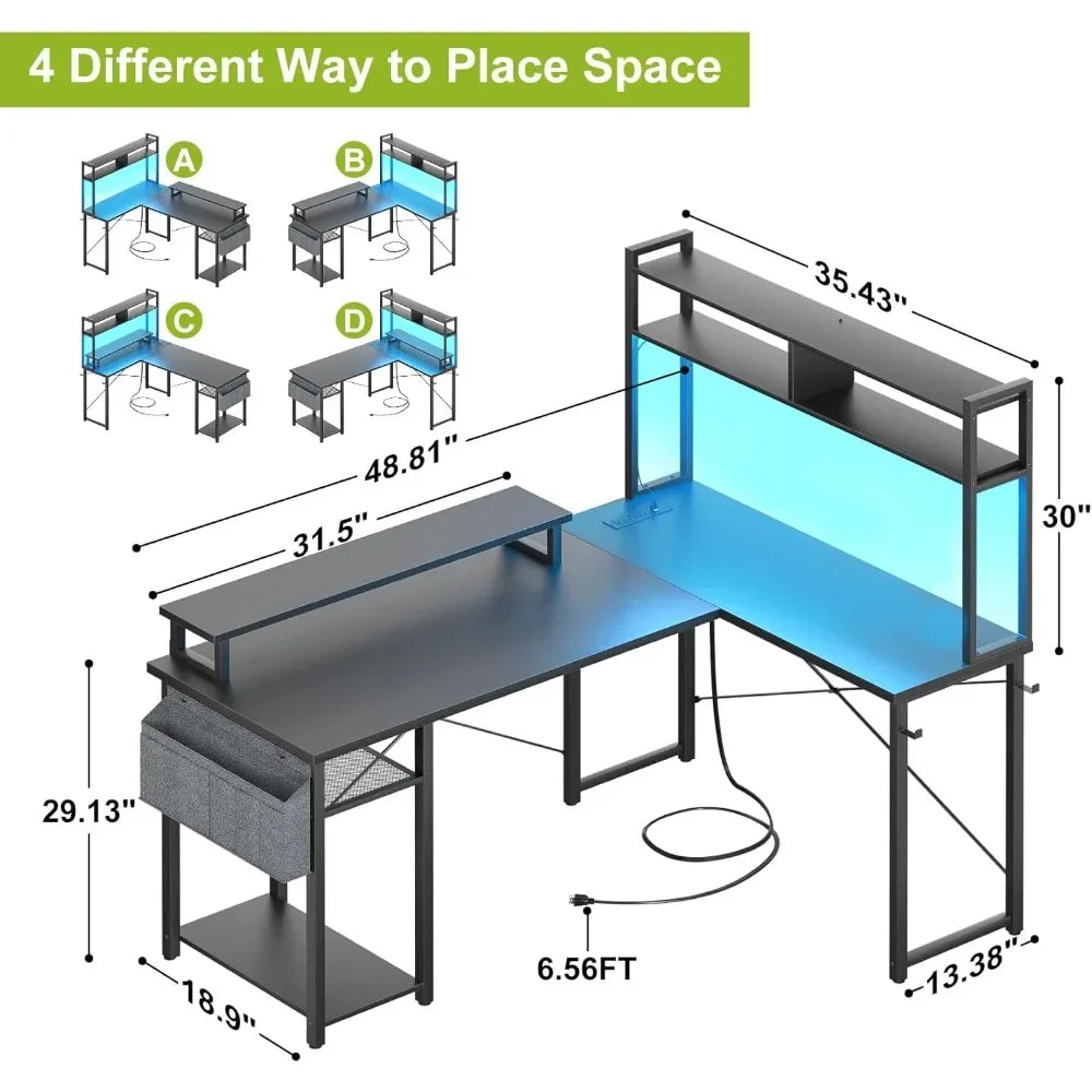 Top Rated Small L Shaped Desk Gaming Desk with Power Outlets, 48" Reversible L Shaped LED Computer Desk with Monitor Stand & Sto