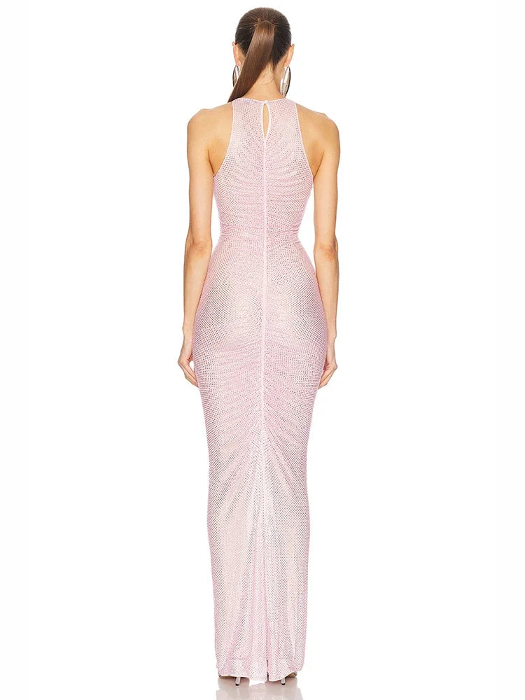 Sexy Sleeveless O Neck Diamonds Mermaid Long Dress Women Pink Fold Ruched Slim Runway Celebrity Evening Party Club Maxi...