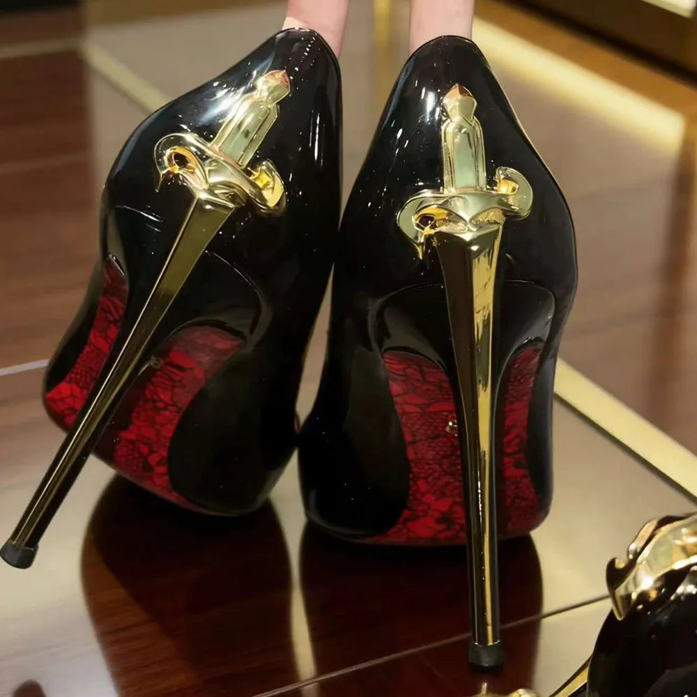 Super fiber leather women's power sword high heels, authoritative and sexy queen style snake patterned red soled shoes |...