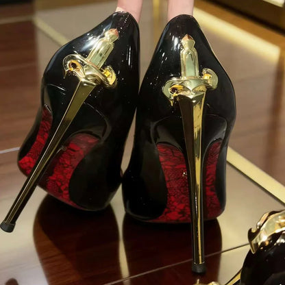 Super fiber leather women's power sword high heels, authoritative and sexy queen style snake patterned red soled shoes |...