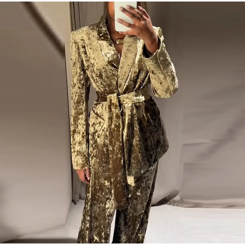 Fashion Velvet Print Lapel Belt Suit Pant Set Women Solid Lace Up Full Sleeve Blazer Wide Leg Cuffed Pants 2025 Autumn Lady Sets