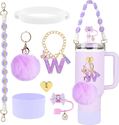 7PCS Accessories Set for Stanley Cup Purple Straw Topper Cup Boot Water Bottle Handle Strap Letter Charms 40oz 30oz Tumbler