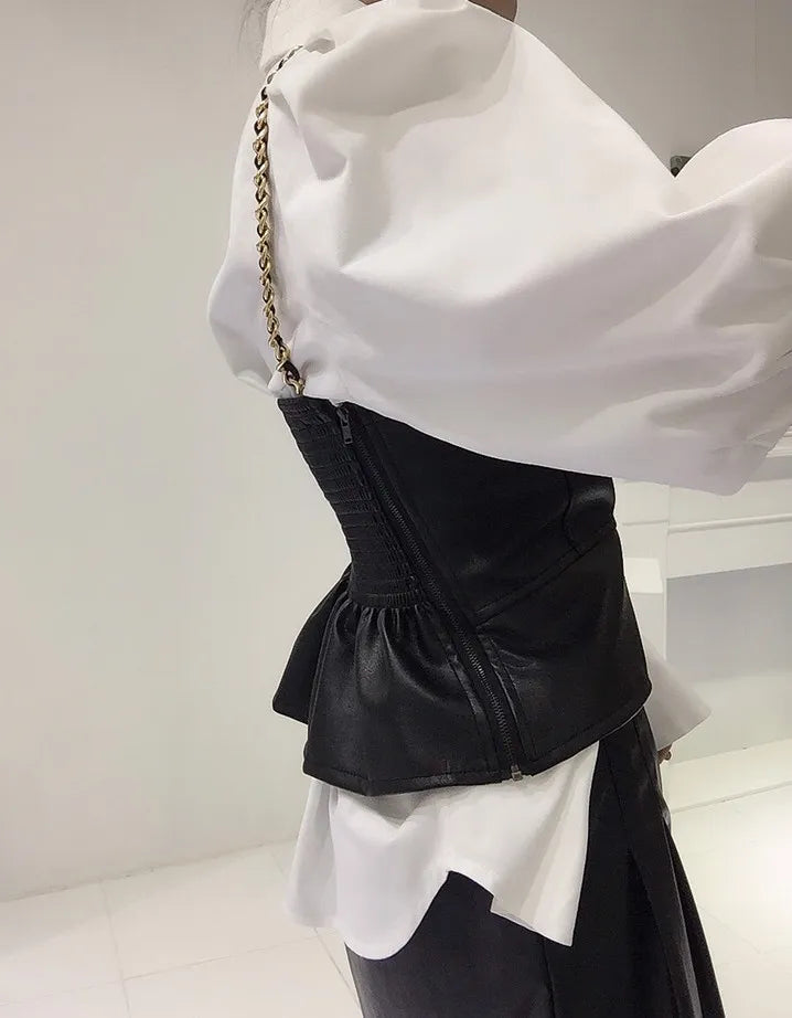 Spring Loose Bubble Sleeved Shirt Y2k White Shirts Women Chain PU Leather Vest Top Blusas Mujer De Moda 2024 Casual 2 Sets - Kimlud
