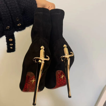 Elegant Short Boots High Boots Velvet Surface Red Bottom High Heels Ladies Fashion Metal Staff Boots Winter Youth Spring