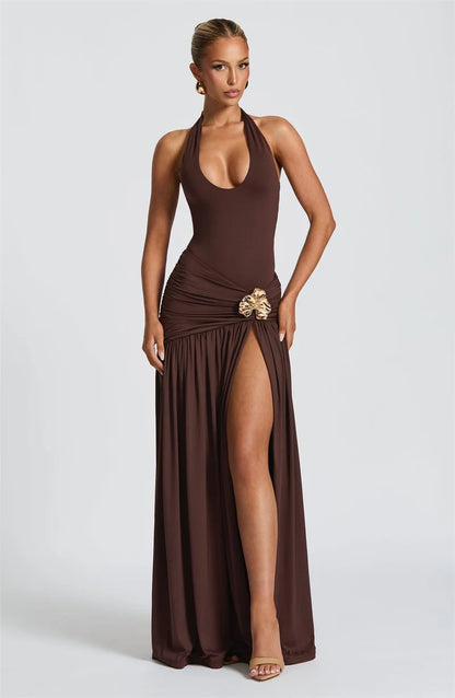 Mozision Elegant Backless Sexy Maxi Dress Set Women Halter Bodysuit And Maxi Skirt Matching Set Female Ruched Split Dress Sets