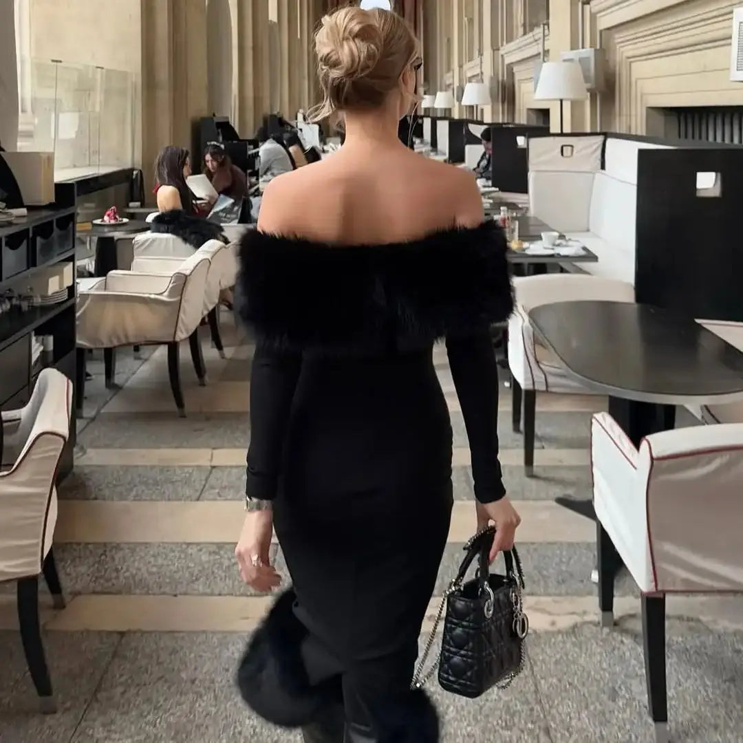 Ofherown Elegant Off Shoulder Black Midi Evening Dress with Faux Fur Long Sleeve Bodycon Party Dress Women Luxury Cocktail Gowns