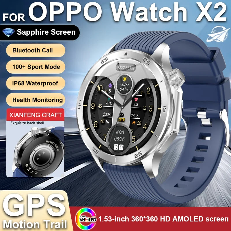 2025 NEW OPPO WANCH X2 MAX Outdoor Sports Men SmartWatch GPS Motion Trajectory Compass AMOLED Screen IP67 Waterproof Smart Watch