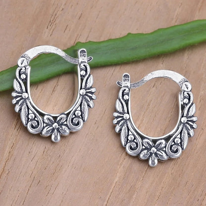 Retro Ethnic Style Ancient Silver Flower Texture Stainless Steel U-shaped Hoop Earrings for Women Boho Jewelry Accessories Gifts
