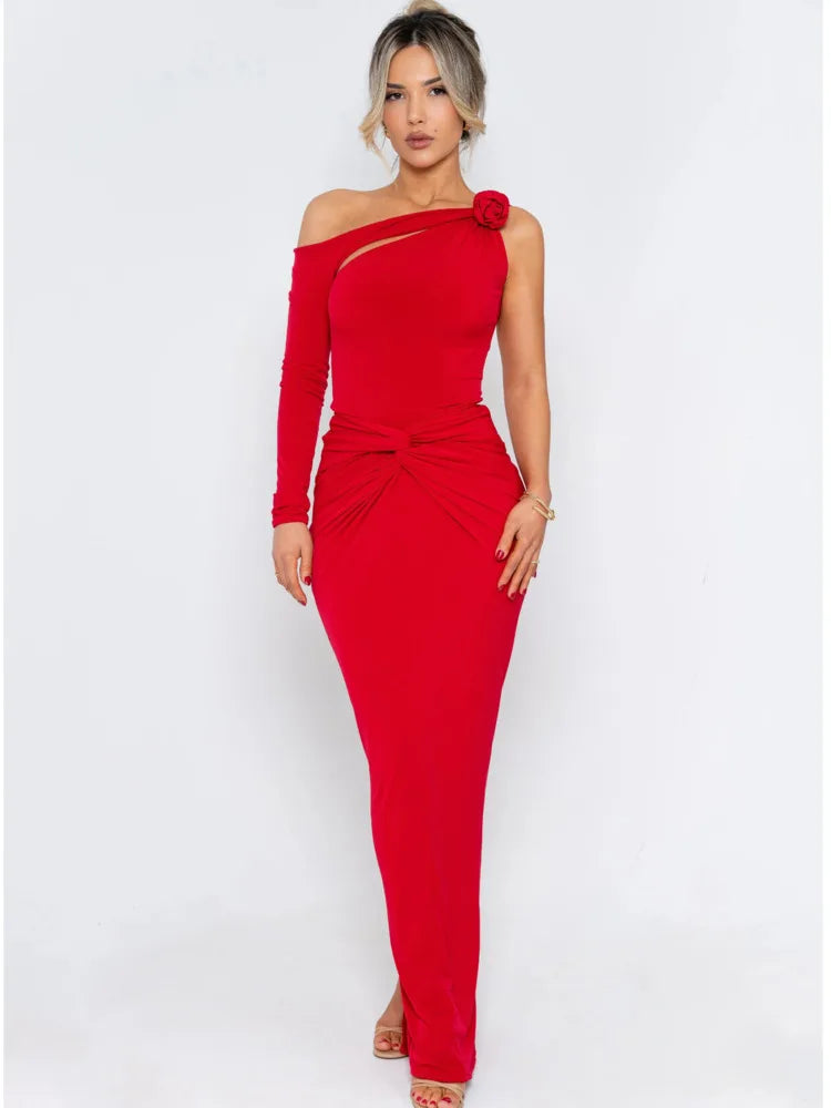 Kimlud Dresses - Articat Elegant Single Sleeve Irregular Hollow Out Bodycon Party Club Evening Dress Women Sexy Fold Spring/S