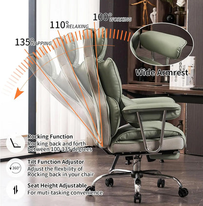 Heavy-Duty Executive Office Chair with Footrest, 400lbs Capacity, Reclining Backrest, Light Green Leather | Kimlud...