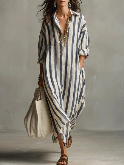 2026Spring Summer Casual Elegant Turn Down Collar Breathable Dress For Women Party Dress Boho Striped Printed Loose Beach - Kimlud