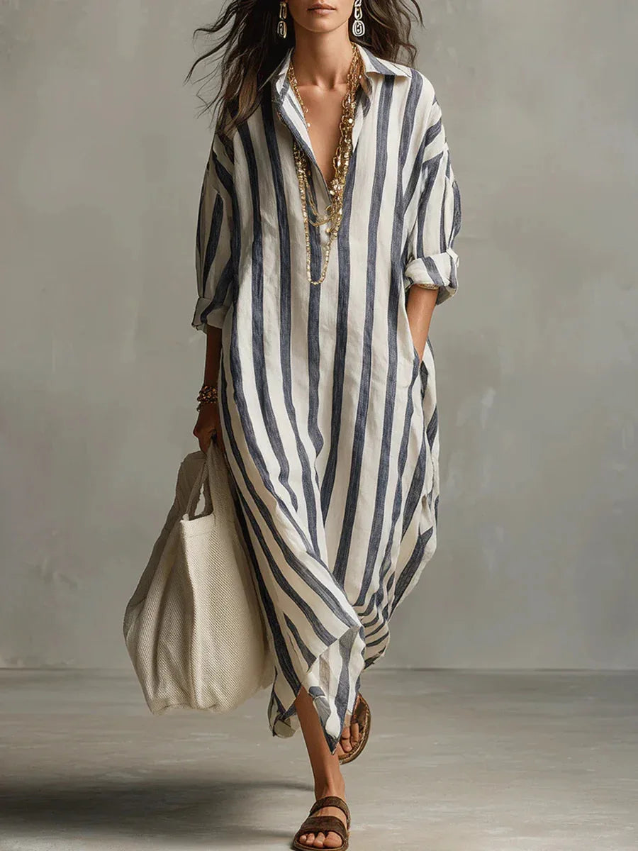 2026Spring Summer Casual Elegant Turn Down Collar Breathable Dress For Women Party Dress Boho Striped Printed Loose Beach - Kimlud