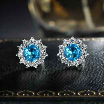 Cute Female Small Water Blue Round Earrings Crystal Stone Fashion Silver Color Wedding Jewelry For Women - Kimlud