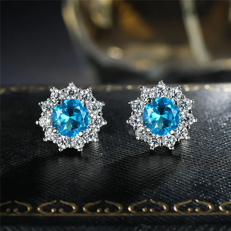 Cute Female Small Water Blue Round Earrings Crystal Stone Fashion Silver Color Wedding Jewelry For Women - Kimlud