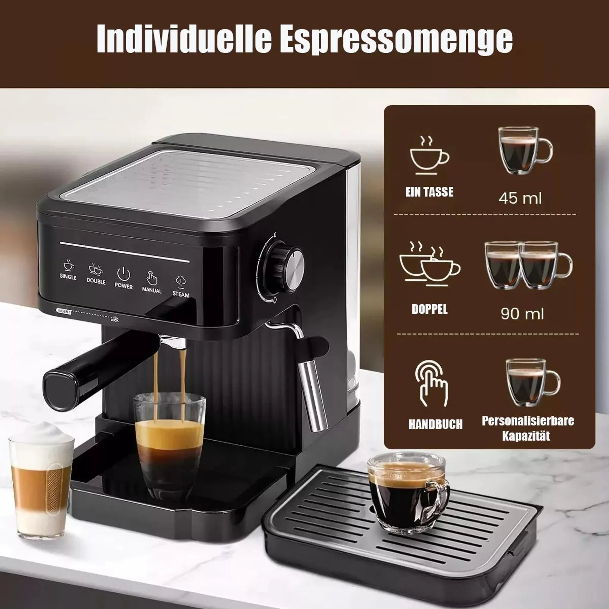20 Bar Espresso Machine Smart Touchscreen 360° Steam Wand Cup Warmer Single Double Shot 1.8L Black | Kimlud Luxury Monitor