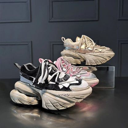 Women High Heels Platform Shoes Spring Crystal Fashion Luxury Designer Brand Chunky Sneakers Unique Design Real Leather Trendy
