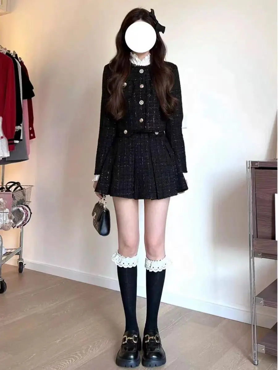 Spring and Autumn High end Slim Fit Short Tweed Coat High Wasit A-line Mini Skirts Set Sweet Black Two Piece Sets Women Outfits