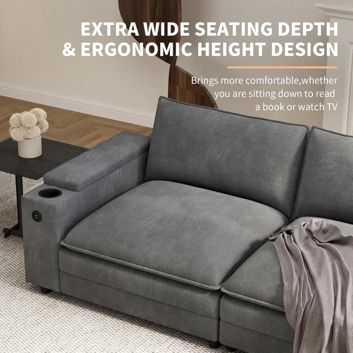 U-Shaped Sectional Sofa Ottoman Storage Armrest USB Ports Spring Cushion Solid Wood Chenille Living Room 115", Customized - Kimlud