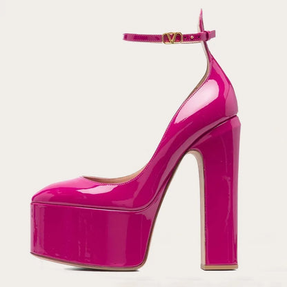 Women New European And American Style Super High Heels Patent Leather Round Toe Thick Sole Large Size Thick Heel Shoes