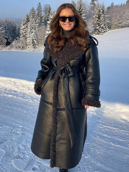 Vintage Patchwork Fur Leather Coats Women Lapel Lace Up Long Sleeve Thicken Warm Jacket 2025 Winter Lady New Streetwear Overcoat